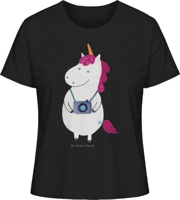 Produktbild von Mr. & Mrs. Panda Damen Oberteil Einhorn Fotograf Größe M - Schwarz - Geschenk, Unicorn, Kurzarmshirt, Kamera, Baumwollshirt, Reisen, Urlaub, Fotografie, Basic T-Shirt