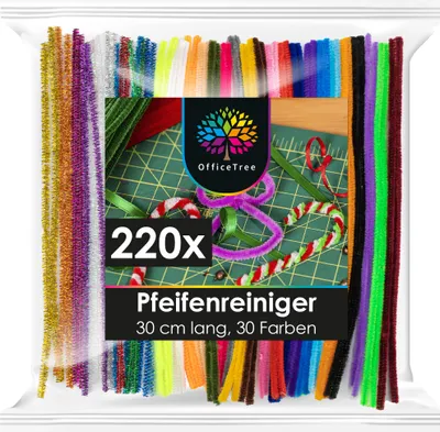 A package of colorful pipe cleaners with a product label and branding.