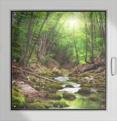 Produktbild von Wallario Lichtschutzbild, Dekorativer Sichtschutz Sonnenschutz 96 x 100 cm mit Motiv: Fluss im Wald - Verdunklung ohne Bohren