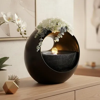 Produktbild von Zimmerbrunnen Blumenvase schwarz BK915 mit LED Beleuchtung Tischbrunnen Vase modern Brunnen Wasserspiel 29 x 30 cm