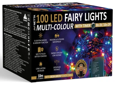LED Lichterkette 10m, 100 bunte LEDs, Timer, 8 Modi, Batterie