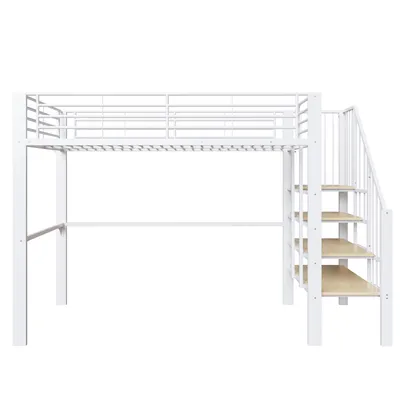 Produktbild von Flieks Hochbett 90x200cm mit Treppe, Etagenbett Kinderbett mit Rausfallschutz, Stockbett Metallbett mit Lattenrost, Einzelbett Kinder, Weiß