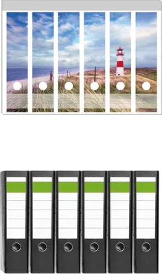 Produktbild von Wallario 6 Stück breite Ordner inkl. Klebeetiketten mit Motive Leuchtturm am Strand von Sylt -  Set mit Rückenschildern / Ordnerrücken Stickern