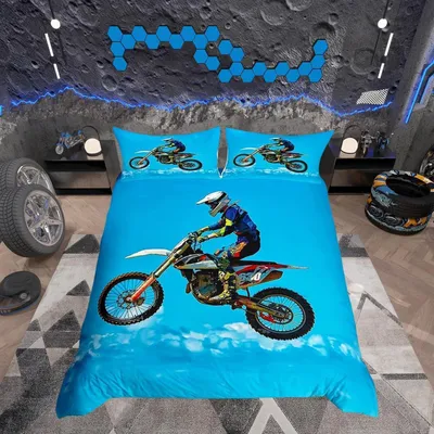 Productafbeelding van Beddengoedset, 155x220 cm, 3D-motocross, dirtbike, voor kinderen, jongens, racemotorfiets, blauw, hemelsblauw, meerkleurig