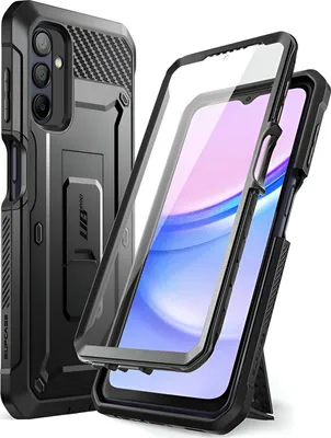 A black protective phone case with a built-in stand and a transparent screen protector is shown, with a smartphone partially inserted into the case.