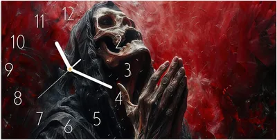 Produktbild von Wanduhr aus Glas mit Motiv Skelettbetende Hände- 60 x 30 cm - inkl. Aufhängesystem