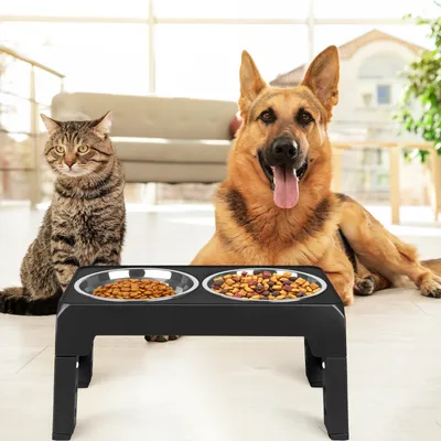 Produktbild von Hundenapf Futternapf für Hunde,mit 2 Edelstahl-Schüssel für mittelgroße und große Hunde 44x24x8cm Schwarz