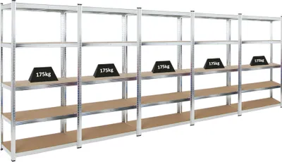 Produktbild von Mega Deal | 5x Schwerlastregal Ragnar | HxBxT 180x90x40cm | 5 MDF-Platten-Ebenen | Fachlast 175kg | Verzinkt