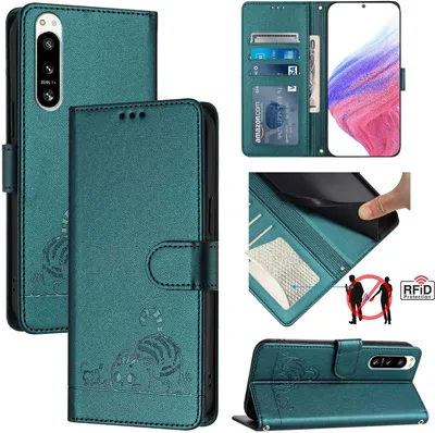 Produktbild von Leder Hülle für Sony Xperia 5 IV Süße Katze Flip Case Brieftasche Schutzhülle mit Standfunktion Grün
