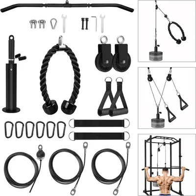 Immagine prodotto di Kit per esercizi di trazione e cavi per fitness, con 3 impugnature | Capacità di peso: 150 kg | Attrezzatura per il fitness domestico fai-da-te