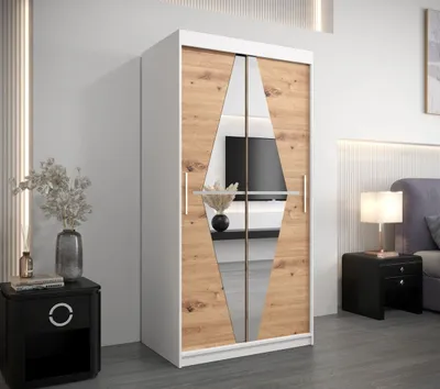 Obrázek produktu pro Šatní skříň se zrcadly REBEKA - šířka 100 cm, bílá / dub artisan