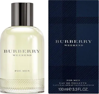 A bottle of Burberry Weekend for Men eau de toilette and its packaging are displayed side-by-side against a white background.