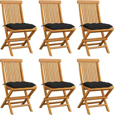 Produktbild von Gartenstühle mit Schwarzen Kissen 6 Stk. Massivholz Teak