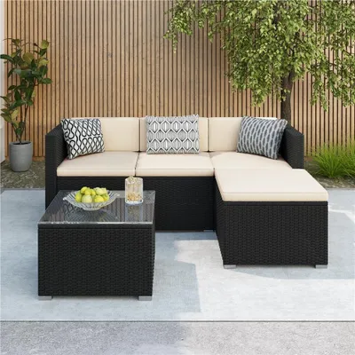 Produktbild von Yaheetech 5er Gartenmöbel Set Balkonmöbel aus Polyrattan wetterfest mit 2 Ecksofas & Sofa & Stuhl & Beistelltisch & Sitzkissen, Schwarz & Beige