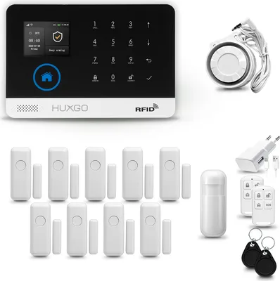 Produktbild von HUXGO HXA003 Alarmanlage Haus WiFi + GSM 4G mit Sirene, Alarm System mit 1x Bewegungssensor und 9x Tür- Fenstersensor, Alarmanlage für Wohnung, Haus, Büro, Tuya Smartlife App