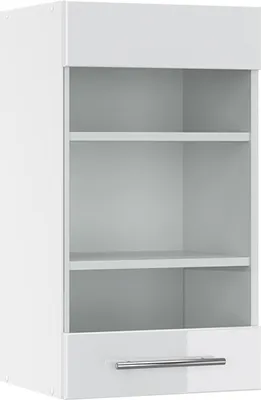 A white high-gloss kitchen cabinet with shelves and a drawer.