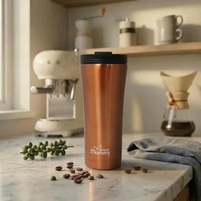 Image de Tasse de voyage Any Morning, gobelet à café en acier inoxydable, tasse à café de voyage moderne pour les boissons chaudes et froides, étanche et anti-débordement, 15 oz, couleur cuivre