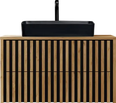 Produktbild von Waschtisch mit Unterschrank 100 cm und Keramik Waschbecken LUCCA-107 in Eiche Nb. mit Lamellenfront, B/H/T: ca. 100,4/73,5/45,5 cm