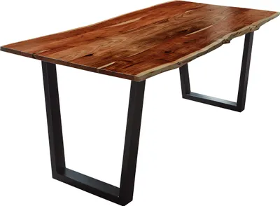 Produktbild von Esszimmertisch 240x100cm Quila, echte Baumkante, Akazienholz nussbaumfarben, massiver Baumkantentisch mit V-Gestell Mattschwarz