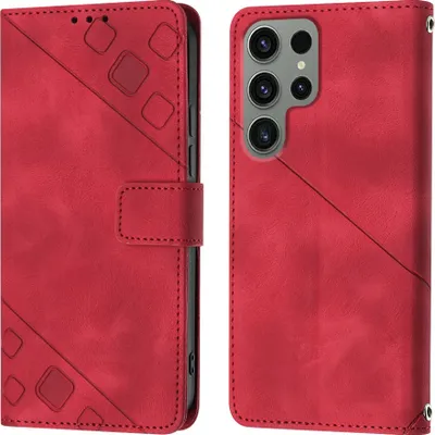 Produktbild von Hülle für Samsung Galaxy S23 Ultra Prägung Flip Leder Brieftasche Schutzhülle mit Ständer Rot