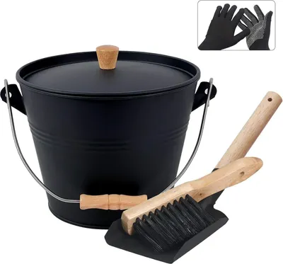 Produktbild von Ascheeimer mit Deckel 5L schwarz: Kohleeimer für Kamine, Zubehör Set mit Schaufel & Handbesen