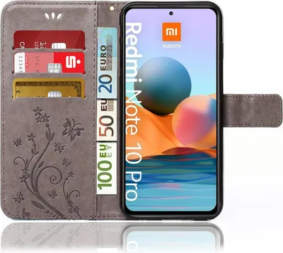 Produktbild von Handy Tasche für Xiaomi Redmi Note 10 Pro / Note 10 Pro Max  Schutz Hülle Handyhülle mit Blumenmuster Klapp Hülle mit Standfunktion und Kartenfächer Grau