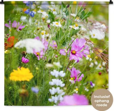 Produktbild von MuchoWow® Wandteppich Wandbehang Blumen - Natur - Grün - Gras - Lila - Weiß 90x90 cm Tapisserie Dekoration Wandtuch - Wandaufhänger