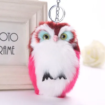 Produktbild von Weiche süße Handtasche Auto Schlüsselanhänger Schlüsselanhänger Eule Anhänger Pompom flauschige Tasche Geschenk-Weinrot