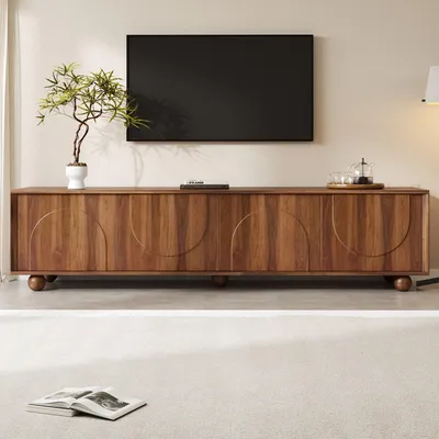 Produktbild von Merax TV Schrank mit 4 Push-to-Open Türen und Straum, TV Lowboard mit Halbkreisrelief und Retro Design, Wohnzimmerschrank mit MDF Holzdekor, Nussbaum
