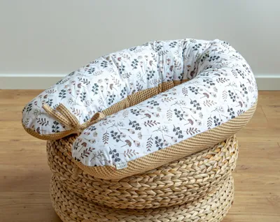 Produktbild von 170 cm M/L Kissen Seitenschläferkissen Schwangerschaftskissen Stillkissen Bezug TAUPE Waffelpique/ BRAUN Baumwolle Blumen Relaxkissen Schlafen LOOLAY®