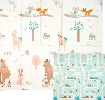 CCLIFE Krabbelmatte Spielmatte Baby Schadstofffrei Faltbar Spielunterlage Wasserdicht, Color:Kleiner Bär Tiere & Traumstadt
