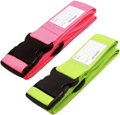 Produktbild von Ibenzoa® Kofferband mit Adressschild, 2 Stück – verstellbar 110-20,0 cm, 5 cm breit, fluoreszierend Rosa‑Grün, ABS/Polypropylen, für Reisekoffer 50–81 cm