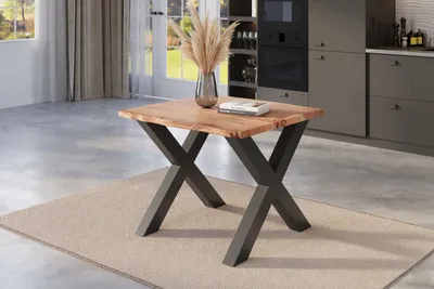 Produktbild von Esstisch Baumkante massiv Akazie naturfarben 80 x 80 schwarz X-Gestell NICK