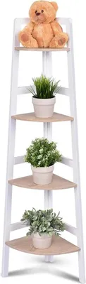 Image de Étagère d'angle - Étagère murale pour plantes - 4 niveaux - Bois - Pour pots de fleurs - Blanc