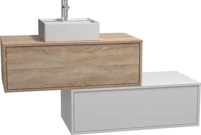 Produktbild von Waschbeckenunterschrank hängend mit Einzelwaschbecken & zwei Schubladen - Weiß & Naturfarben hell - 94 cm - TEANA II