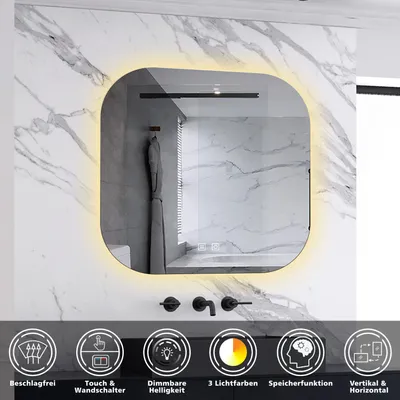 A modern bathroom mirror with integrated LED lighting, mounted on a marble-patterned wall above faucets. The image includes icons and text highlighting product features.