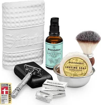 Produktbild von Störtebekker Rasurpflege Set Premium - Rasierhobel (Silber) & Leder-Etui (Schwarz), Rasierpinsel, Rasierschale, Rasiertuch, Rasieröl & Rasierseife