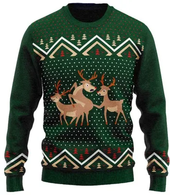 Zdjęcie produktu dla JAP Christmas Sweter świąteczny (rozmiar 5XL) - 100% z recyklingu - Nie drapie - Prezent świąteczny dla dorosłych - Brzydki sweter świąteczny damski i męski XXXXXL - Trzy uprawiające seks renifery - Zielony