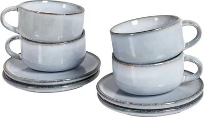 Produktbild von BELIANI Set aus 4 Tassen mit Untertassen Hellblaues Steingut Kaolin Handgefertigt Reaktive Glasur Service für 4 Personen Tee Kaffee Küche Esszimmer