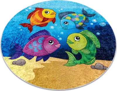 Zdjęcie produktu dla Dywan do prania JUNIOR 51594.801 koło Rybki, ocean dla dzieci, antypoślizgowy - niebieski wielokolorowy koło 100 cm
