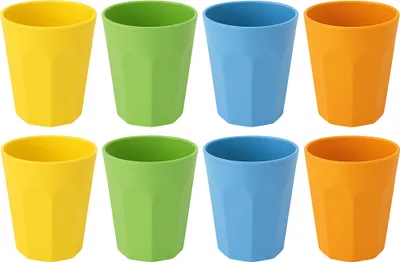 Obrázok produktu pre sada 8 plastových pohárov - 300 ml - nerozbitné - 4 farby (žltá, oranžová, modrá, zelená) - vhodné do umývačky riadu - polypropylén - opakovane použiteľné