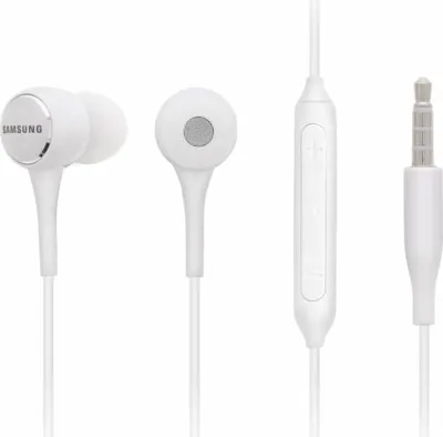 A white Samsung in-ear headset is displayed against a white background, showing the earbuds, the inline remote with volume controls, and the audio jack.