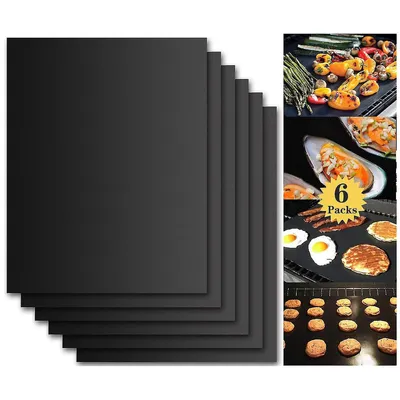 A collage showing a stack of black grill mats on the left and various food items being grilled on the right.