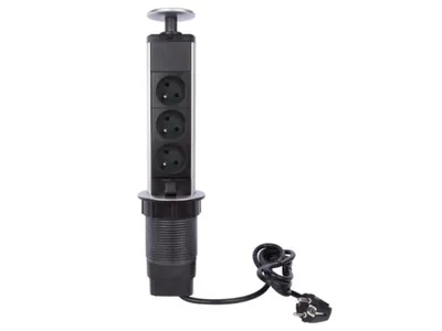 A pop-up power strip with three sockets and a cord, isolated on a white background.