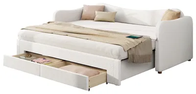 Zdjęcie produktu dla Łóżko tapicerowane Zerbaco, wersalka, łóżko jednoosobowe, rozkładane do wymiarów 180x200 cm, z 2 szufladami, z portami USB i typu C, obicie boucle w kolorze beżowym, bez materaca