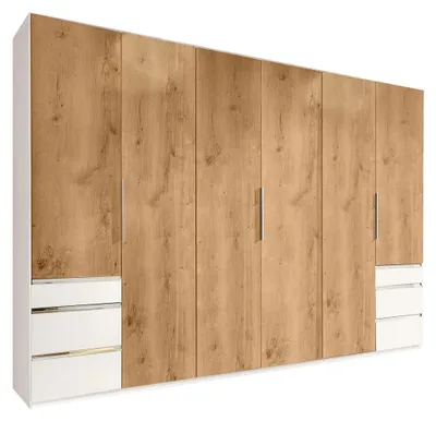 Immagine prodotto di Armadio Level con ante a battente e cassetti, disponibile nei colori bianco / rovere a doghe