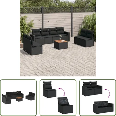 Produktbild von The Living Store 9-tlg. Garten-Sofagarnitur mit Kissen Schwarz Poly Rattan