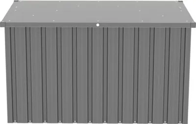 A front view of a gray metal storage box on a white background.
