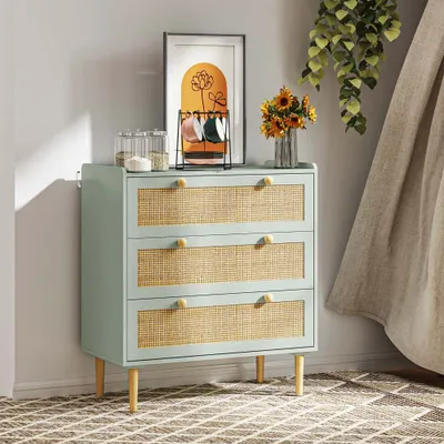 Immagine prodotto di Cassettiera AIORBER, con frontali in rattan, 3 cassetti, con cerniere antiribaltamento, stabile, credenza, per camera e corridoio, 80 x 40 x 87,5 cm, verde