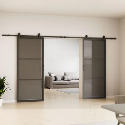 Produktbild von inova Doppelflügelige Loftschiebetür 180 x 215 cm, schwarzer Stahl, Grauglas, Komplettset mit offener Laufschiene und Softclose